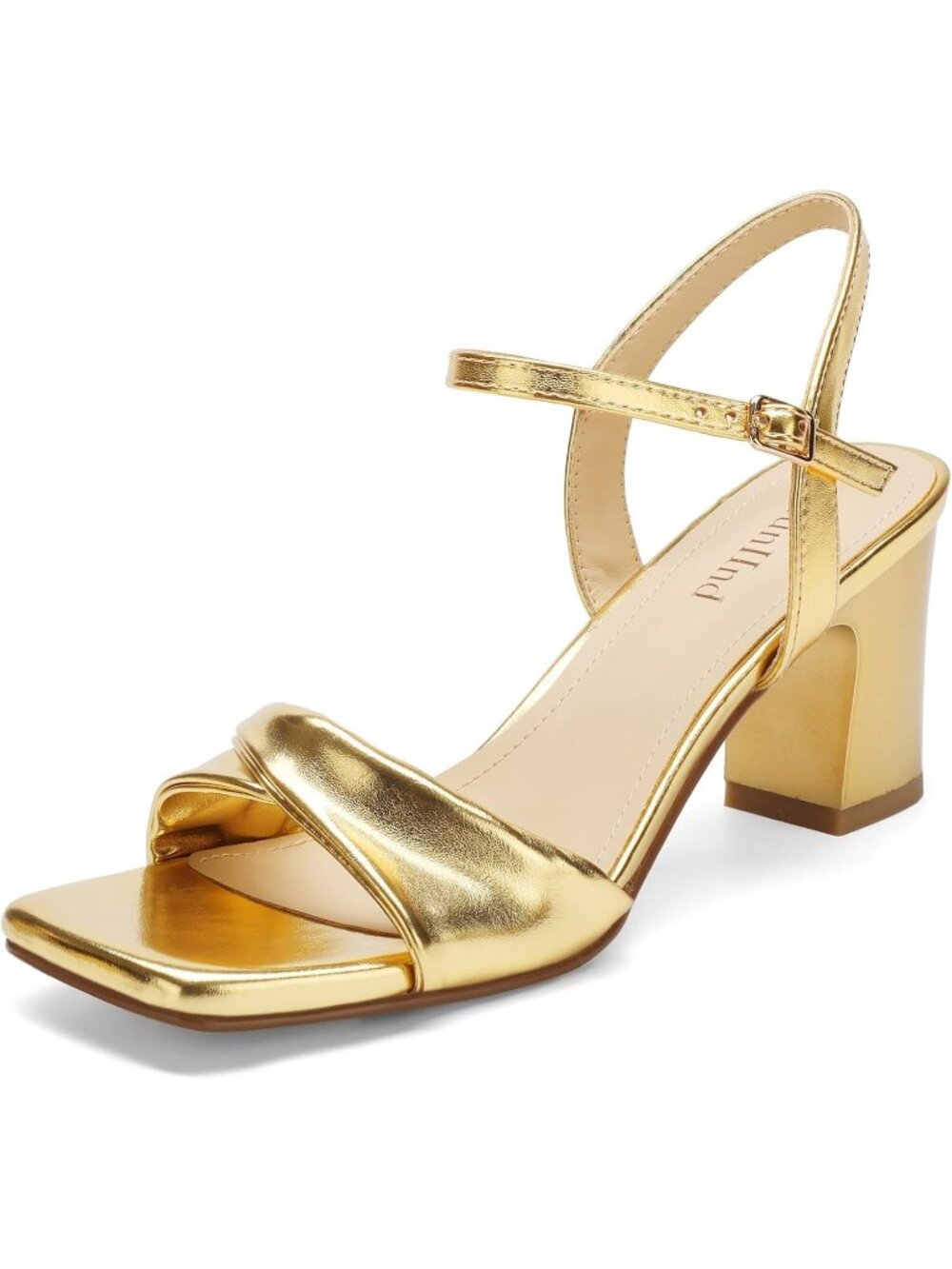 Women's Gold Square Open Toe Chunky Strappy Ankle Strap Low Heel Heeled Sandals
